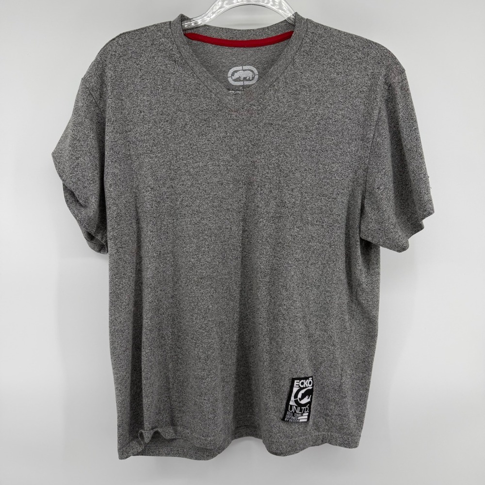 Ecko Unltd Mens V-Neck Heather Grey Short Sleeve T-Shirt XL Rhino‎ Logo Patch